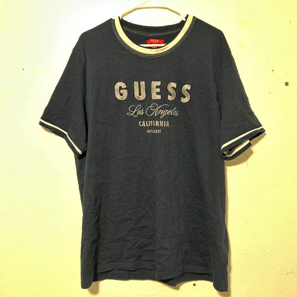 GUESS Men's Navy T-Shirt with White Accents